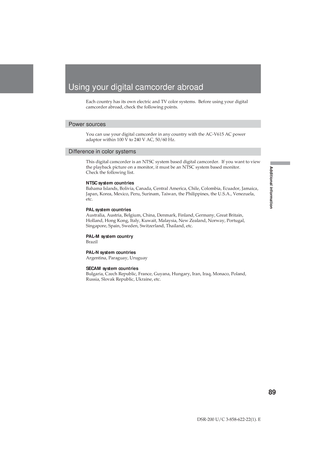 Sony DSR-200 operating instructions Using your digital camcorder abroad, Power sources, Difference in color systems 