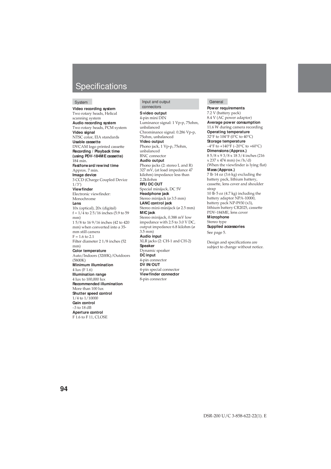 Sony DSR-200 operating instructions Specifications, Lens 