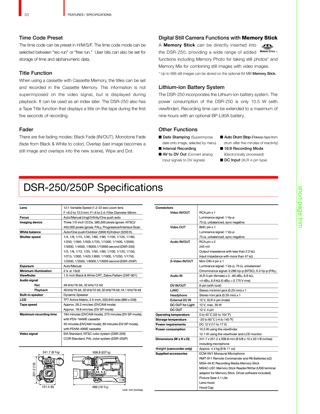 Sony DSR-250P manual DSR-250/250P Specifications 