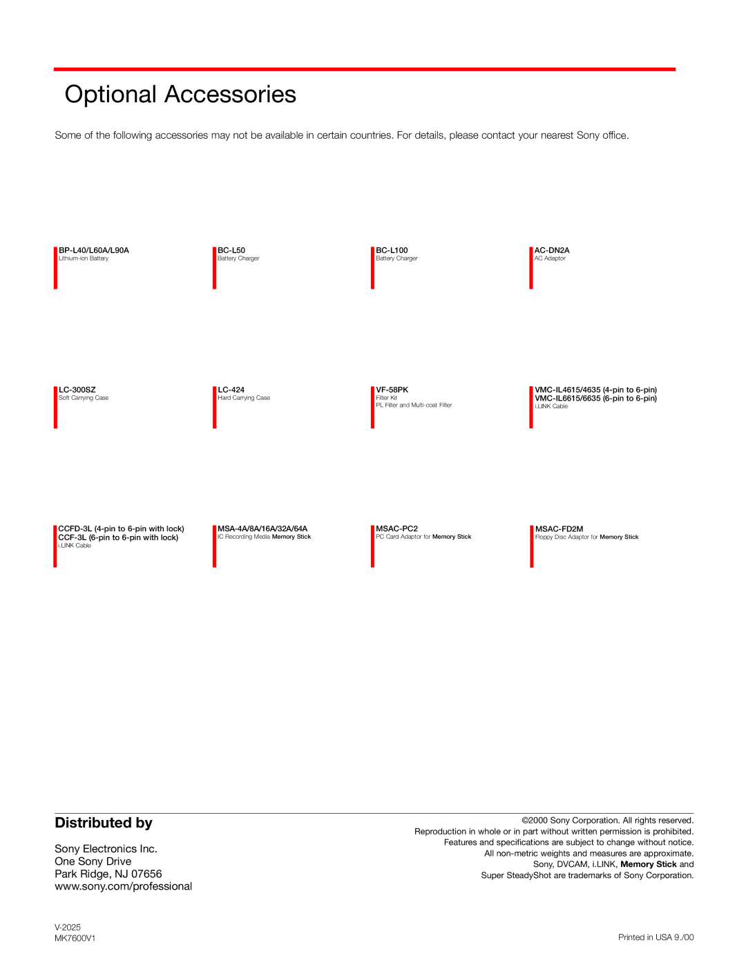 Sony DSR-250P manual Optional Accessories, VF-58PK 