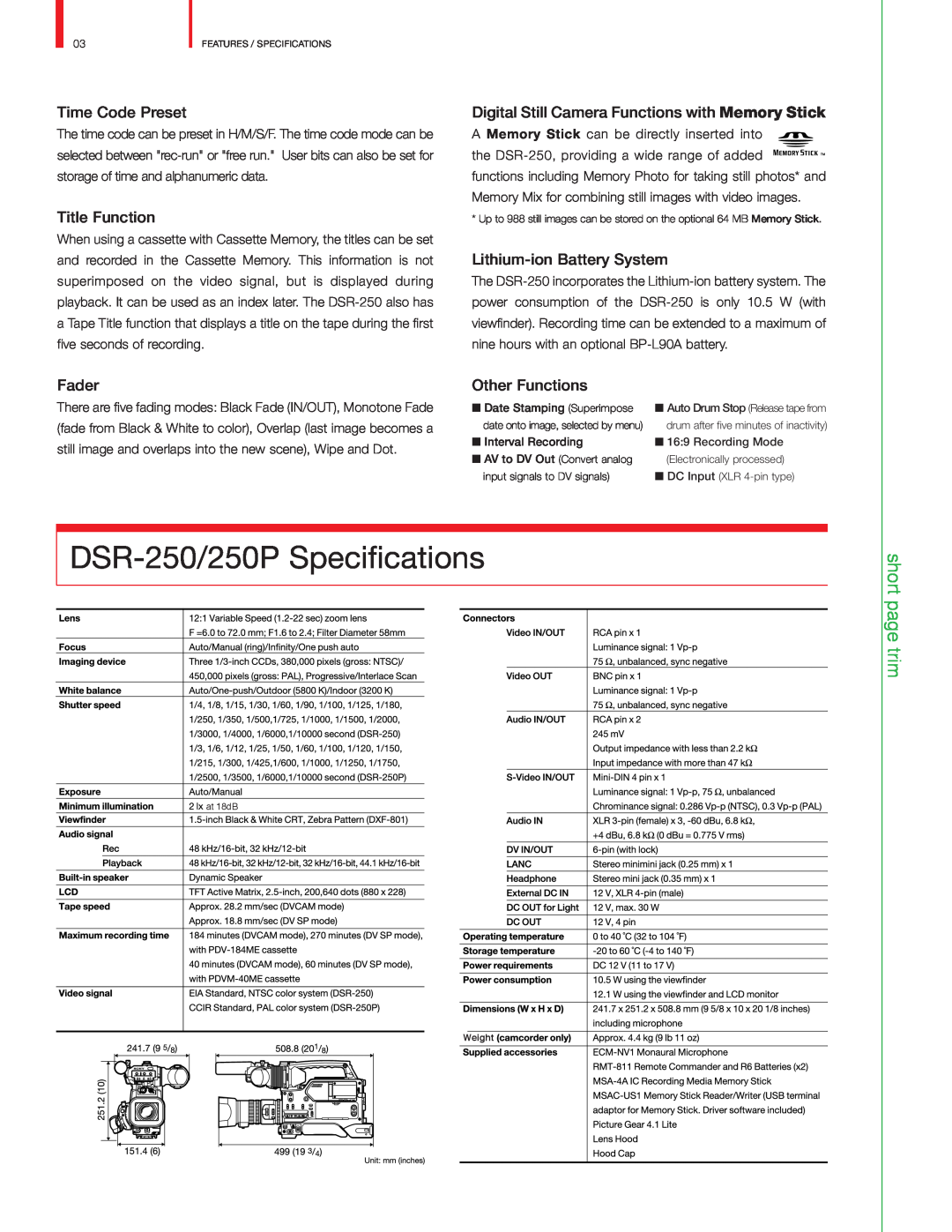 Sony DSR-250/250P Specifications, short, page trim, Time Code Preset, Title Function, Lithium-ion Battery System, Fader 