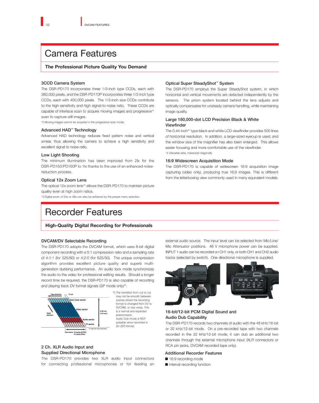 Sony DSR-PD170P manual Camera Features, Recorder Features, Professional Picture Quality You Demand 