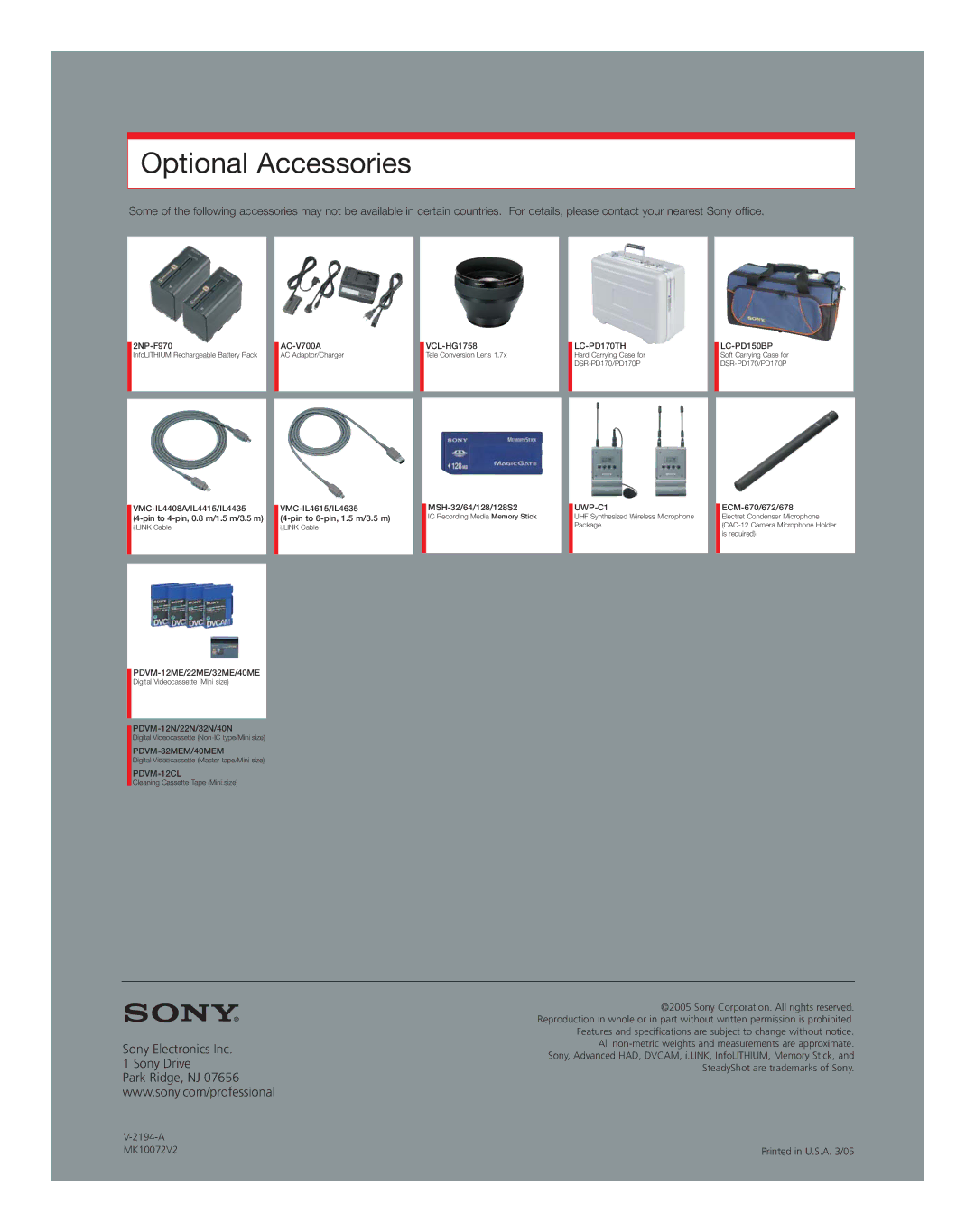 Sony DSR-PD170P manual Optional Accessories, Sony Electronics Inc Sony Drive, A MK10072V2 