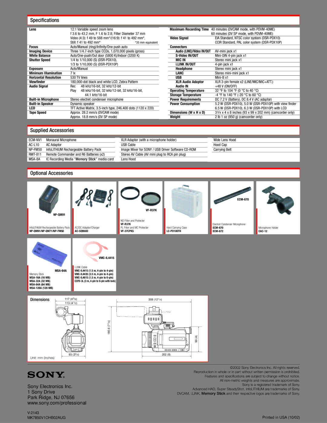 Sony DSR-PDX10 Lens, Focus, Imaging Device, White Balance, Shutter Speed, Exposure, Viewfinder, Audio Signal, Connectors 