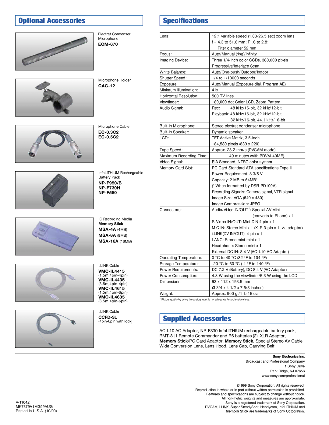 Sony DSRPD100A manual Optional Accessories Specifications 