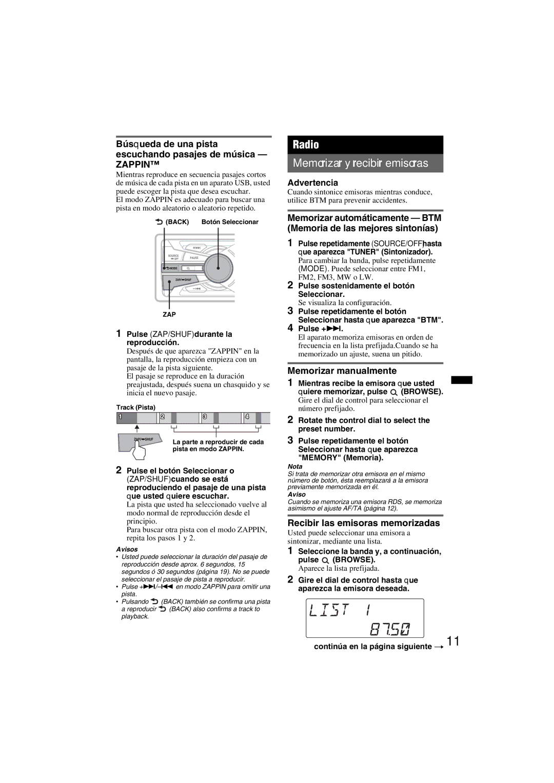 Sony DSX-S100 manual Radio Memorizar y recibir emisoras, Búsqueda de una pista escuchando pasajes de música, Advertencia 