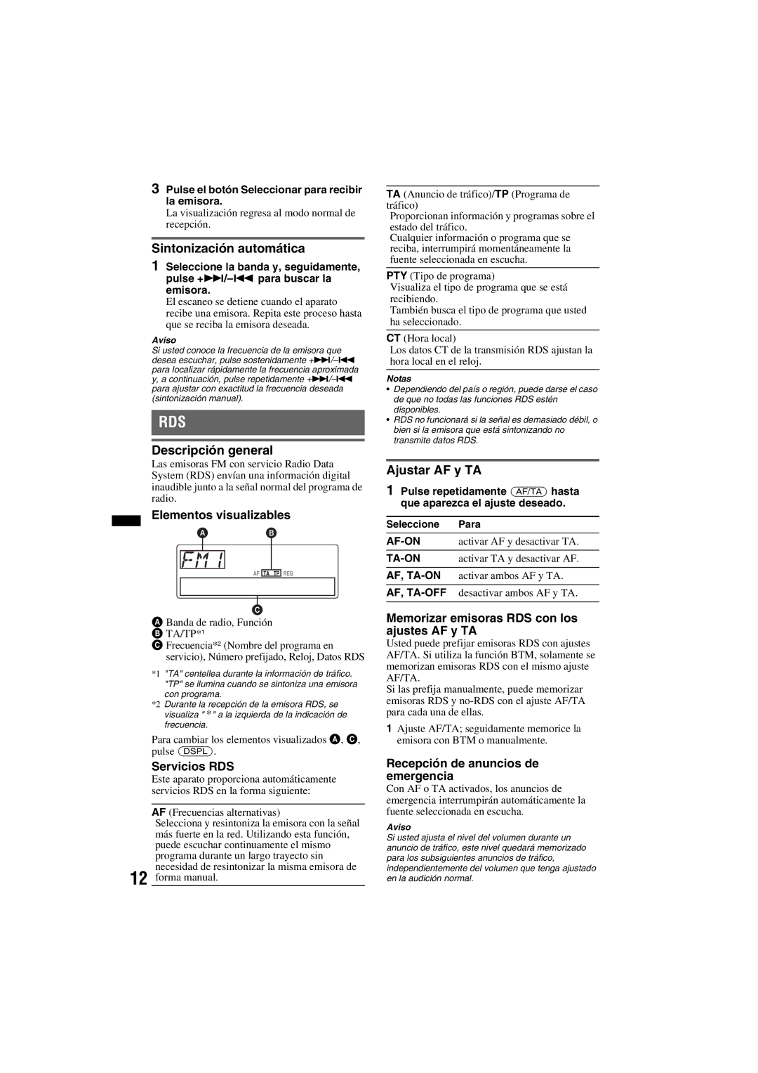 Sony DSX-S100 manual Sintonización automática, Descripción general, Elementos visualizables, Servicios RDS, Ajustar AF y TA 