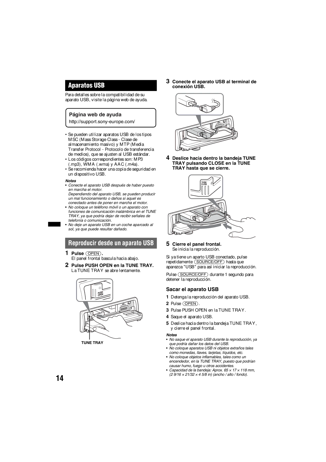 Sony DSX-S100 manual Aparatos USB, Sacar el aparato USB, Pulse Push Open en la Tune Tray, La Tune Tray se abre lentamente 