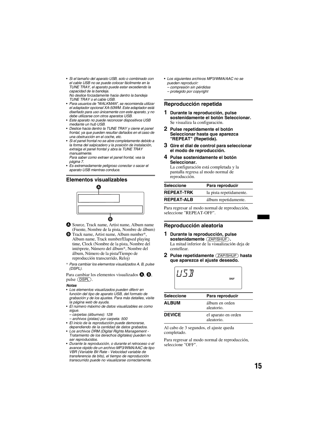 Sony DSX-S100 manual Reproducción repetida, Reproducción aleatoria 