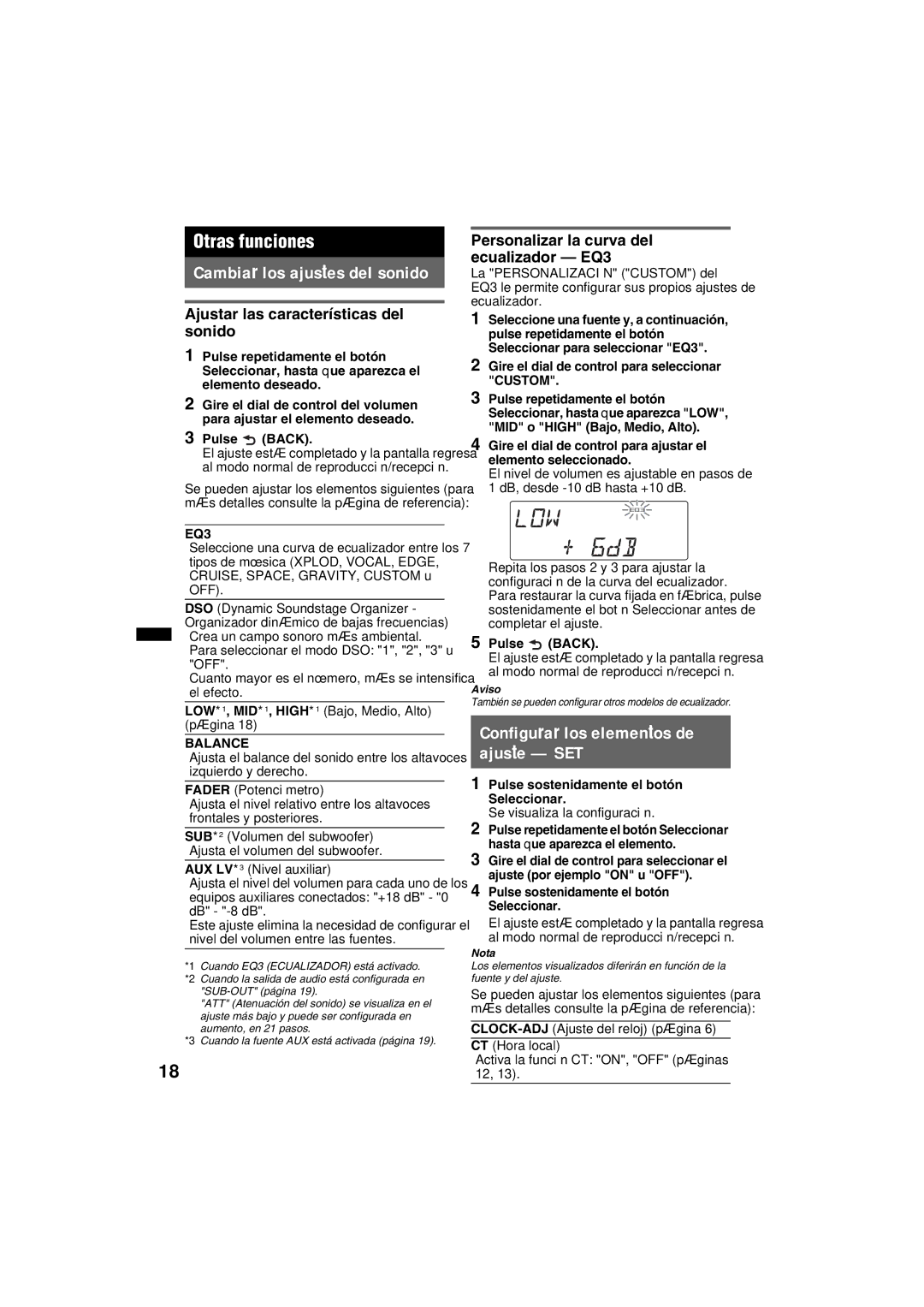 Sony DSX-S100 manual Otras funciones Cambiar los ajustes del sonido, Ajustar las características del sonido, EQ3, Balance 