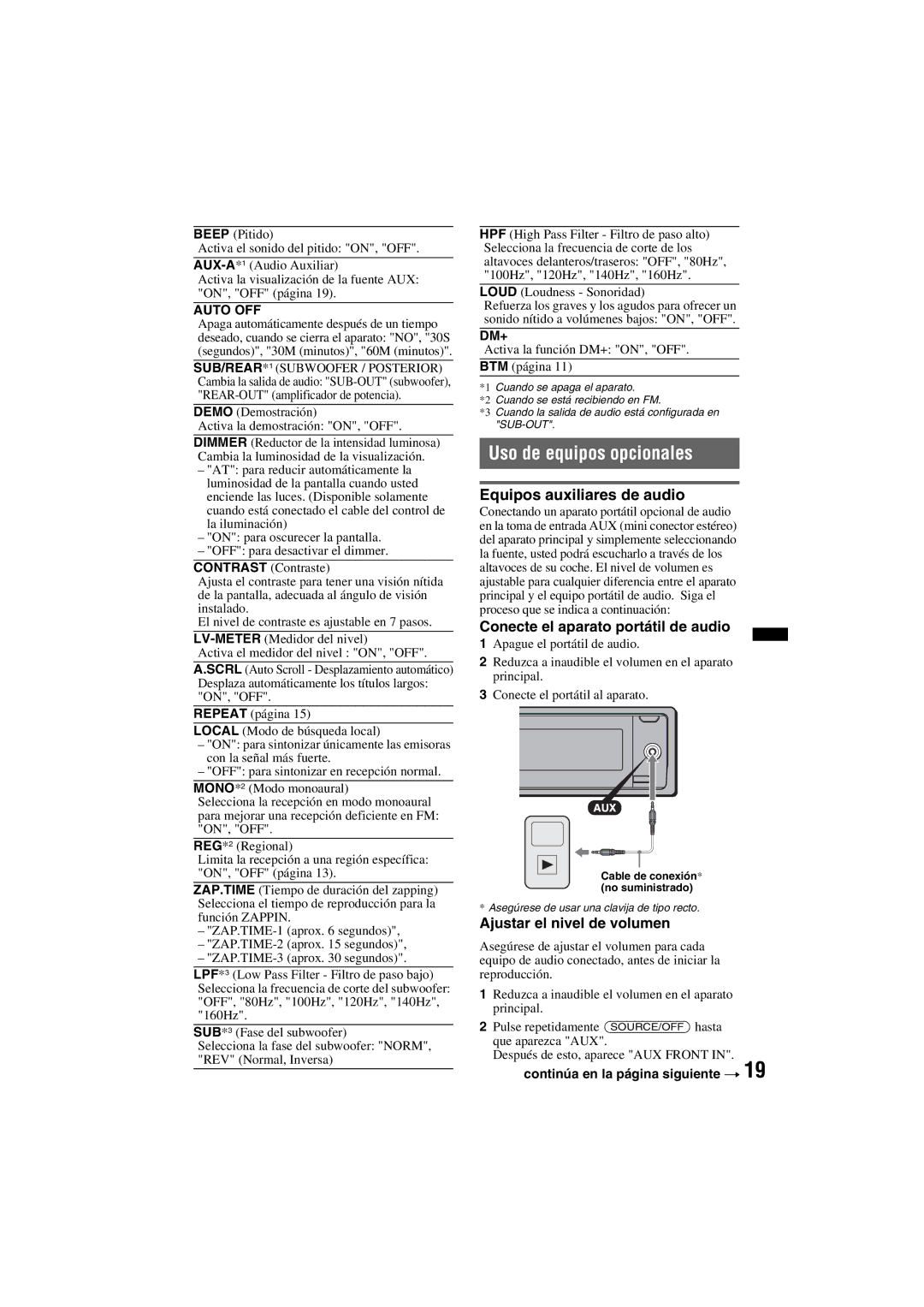 Sony DSX-S100 manual Uso de equipos opcionales, Equipos auxiliares de audio, Conecte el aparato portátil de audio 