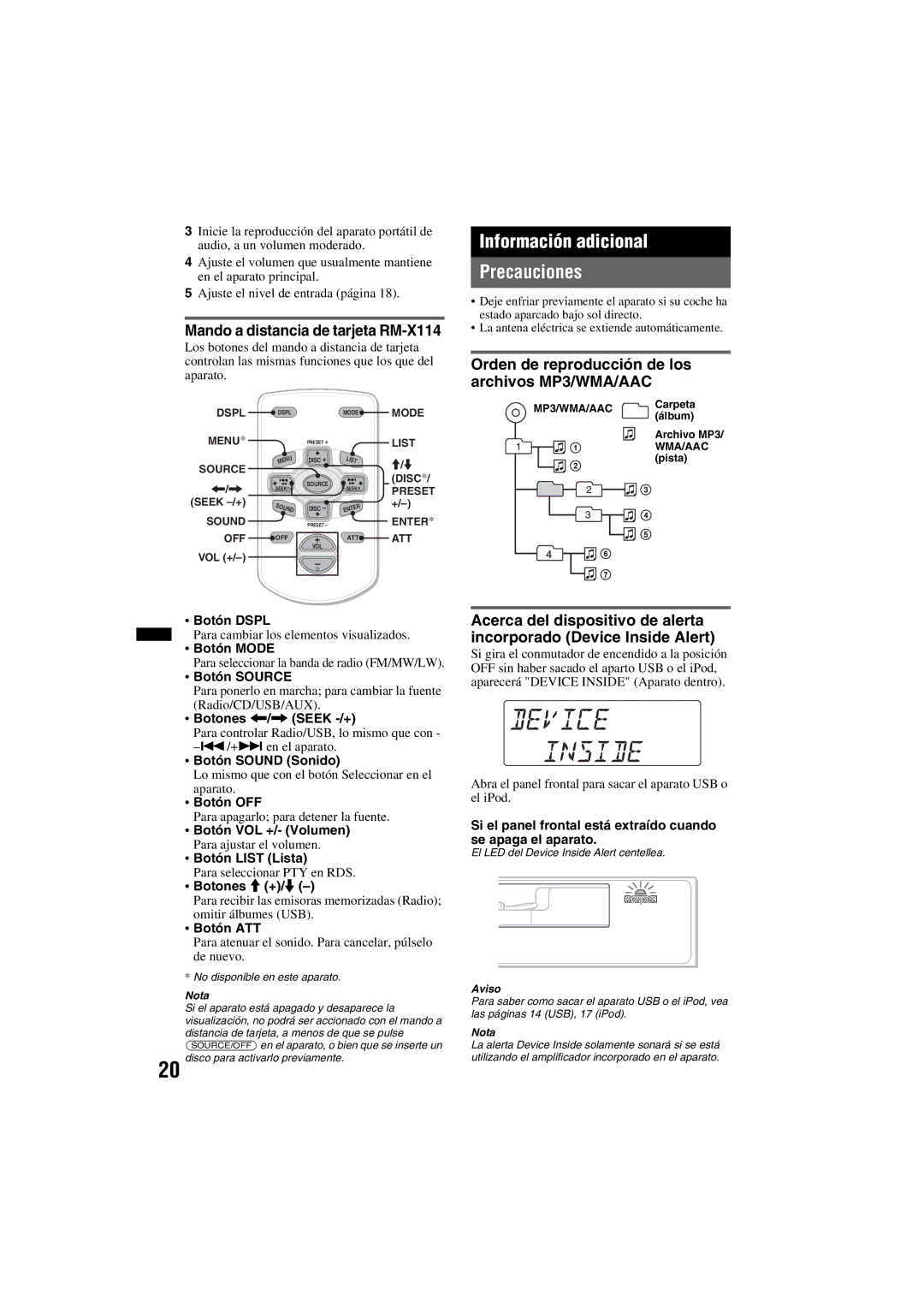 Sony DSX-S100 manual Información adicional Precauciones, Mando a distancia de tarjeta RM-X114 