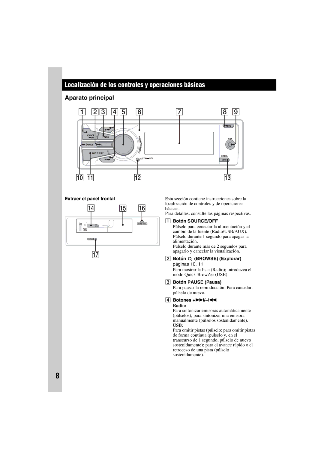 Sony DSX-S100 manual Localización de los controles y operaciones básicas 