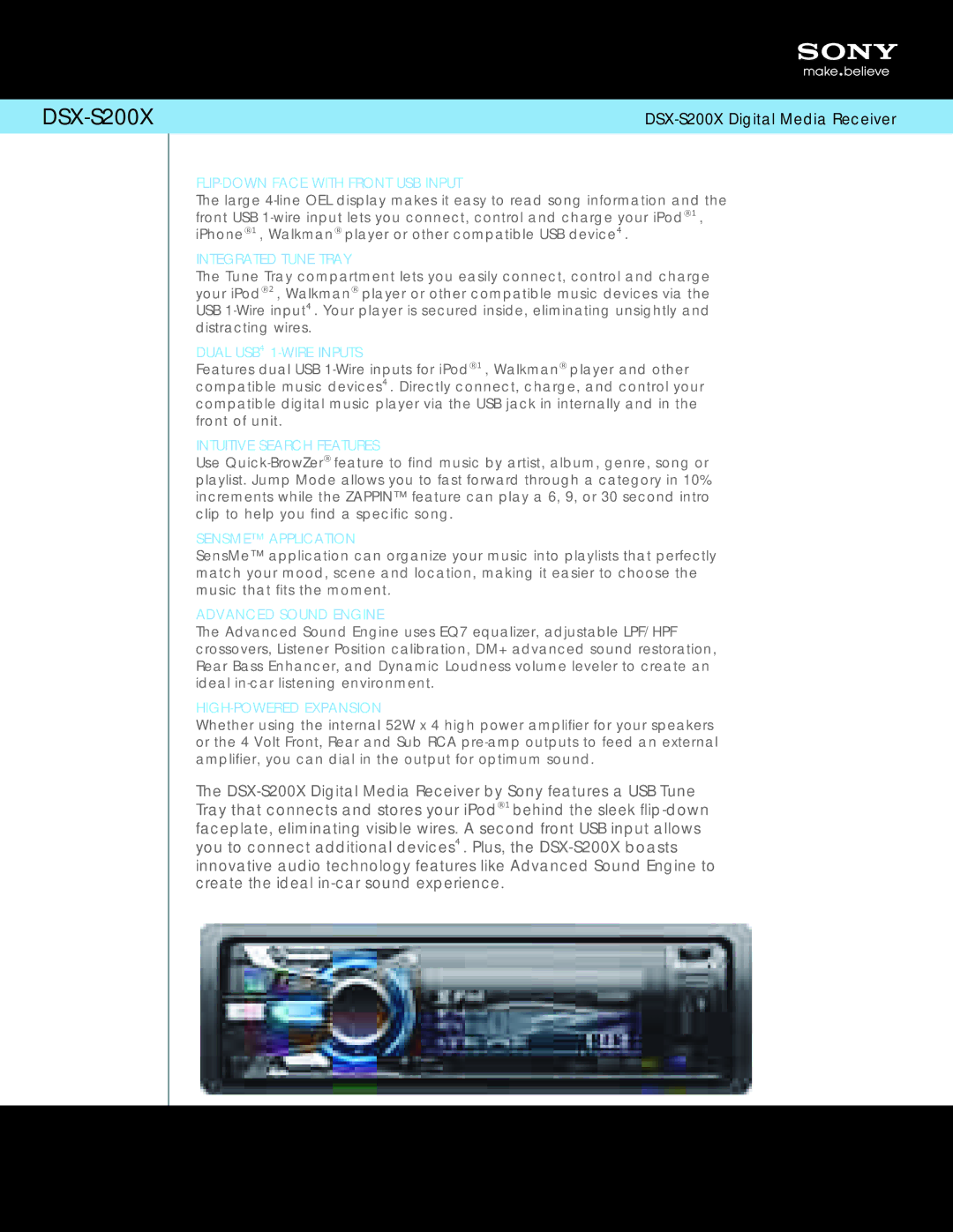 Sony DSX-S200X manual FLIP-DOWN Face with Front USB Input, Integrated Tune Tray, Dual USB4 1-WIRE Inputs 