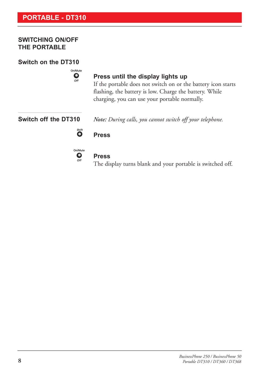 Sony DT360, DT368 manual Switching ON/OFF Portable, Switch on the DT310 Press until the display lights up 