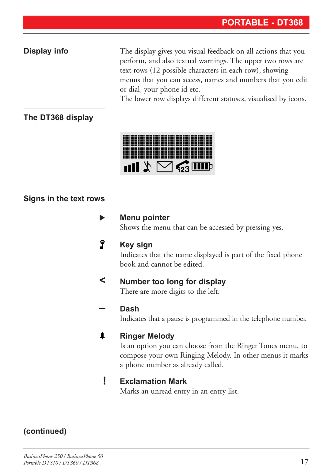 Sony DT360, DT310 manual Display info, DT368 display Signs in the text rows Menu pointer 