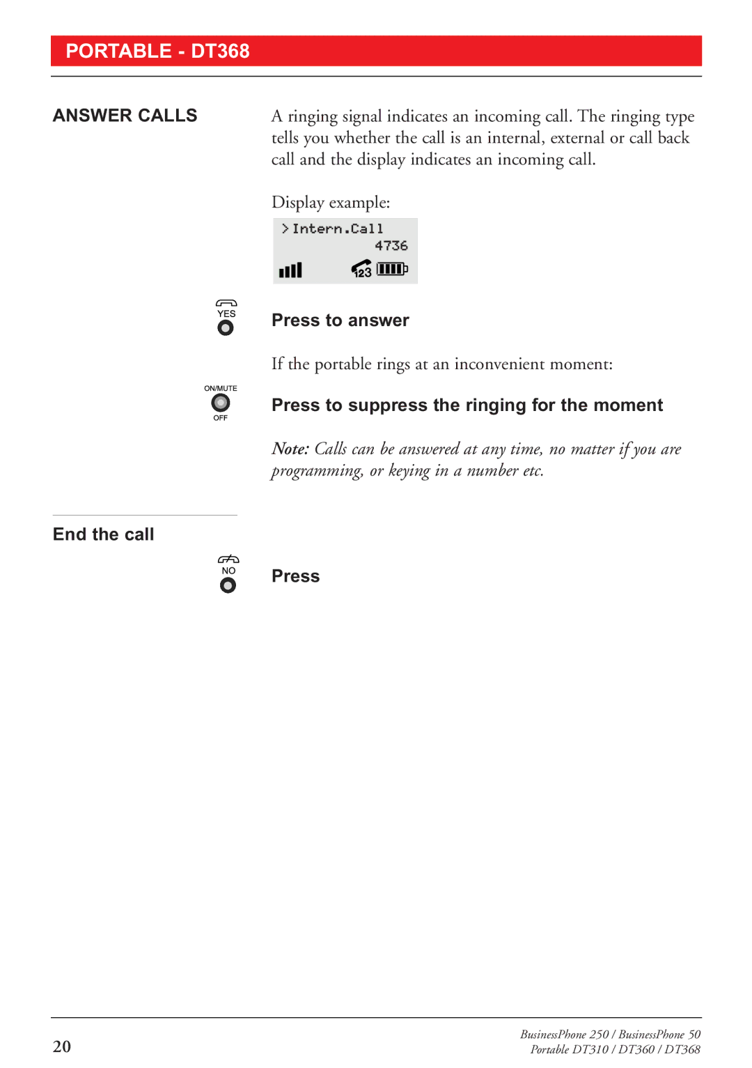 Sony DT360, DT310, DT368 manual Answer Calls 