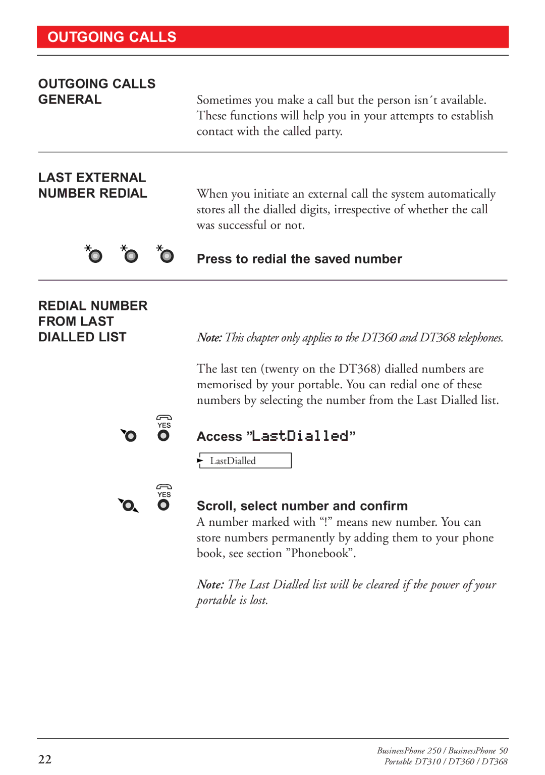 Sony DT310, DT360, DT368 manual Outgoing Calls General, Last External Number Redial, Redial Number From Last Dialled List 