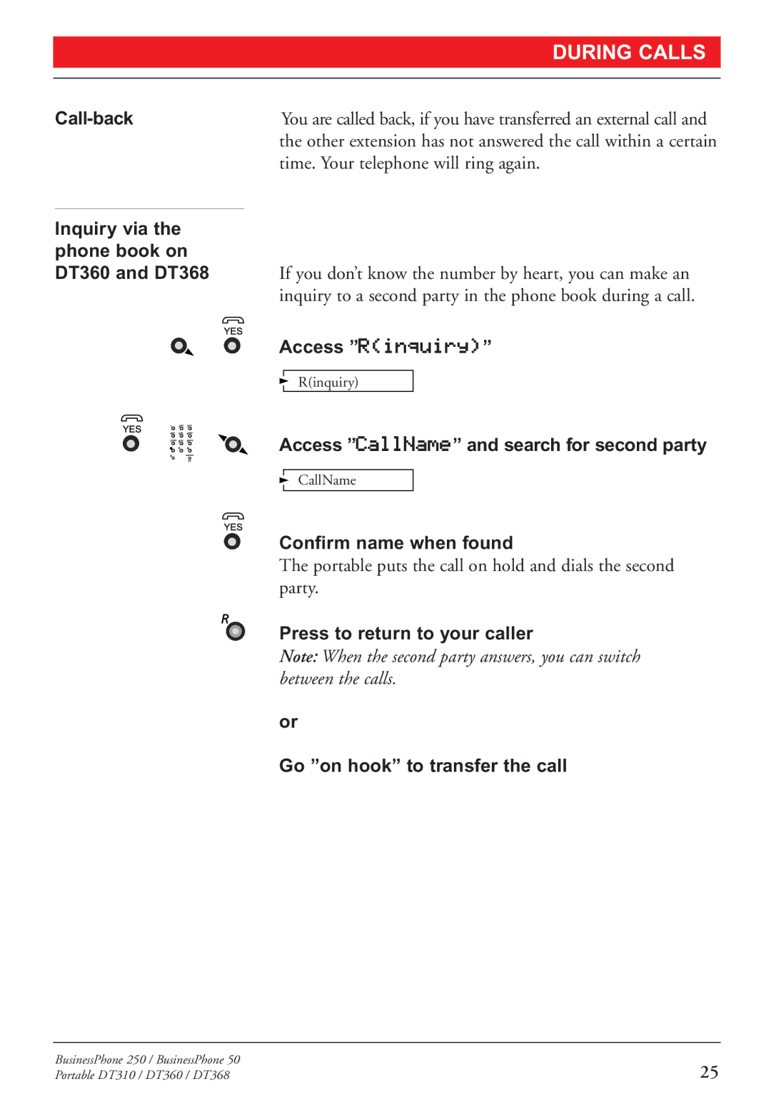 Sony DT310 manual Call-back Inquiry via the phone book on DT360 and DT368, Access CallName and search for second party 