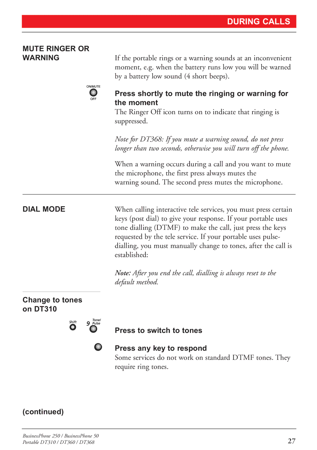 Sony DT368, DT310, DT360 manual Mute Ringer or, Dial Mode 