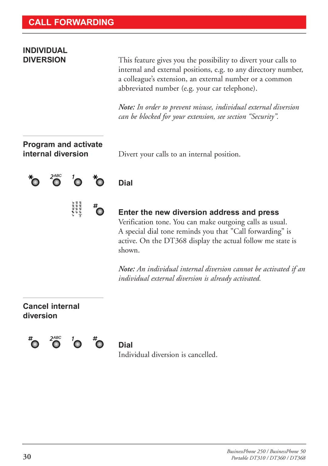 Sony DT368, DT310 Individual Diversion, Program and activate Internal diversion, Enter the new diversion address and press 