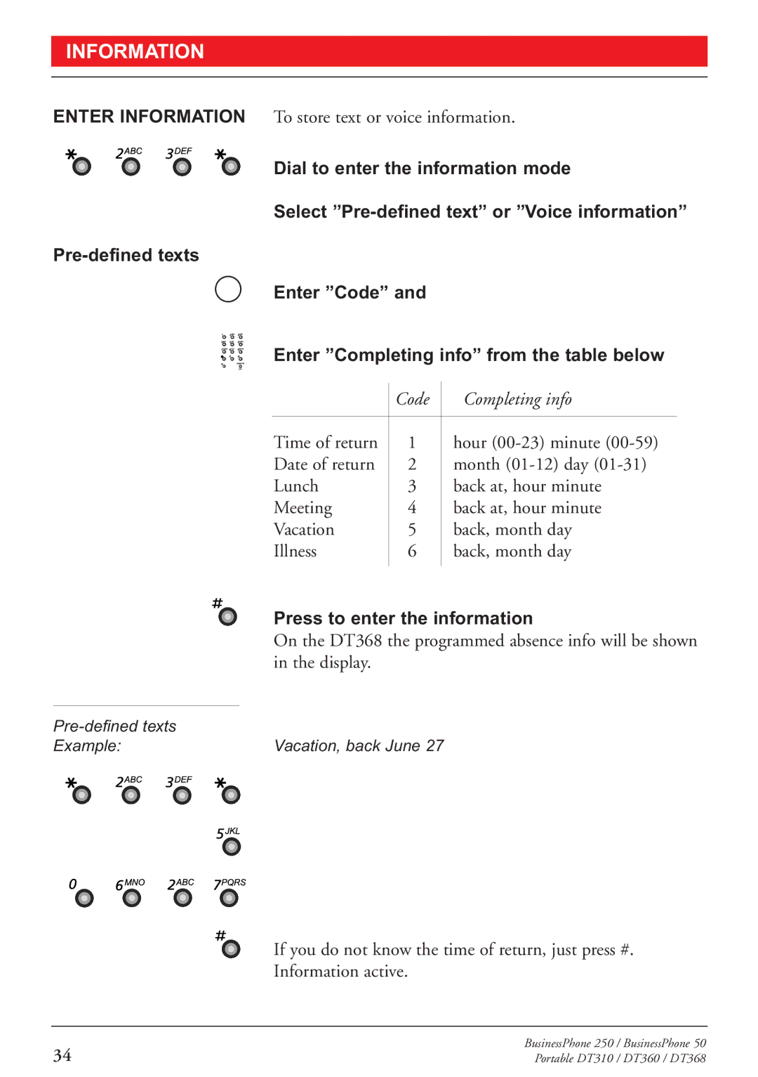 Sony DT310, DT360, DT368 manual Enter Code Enter Completing info from the table below 