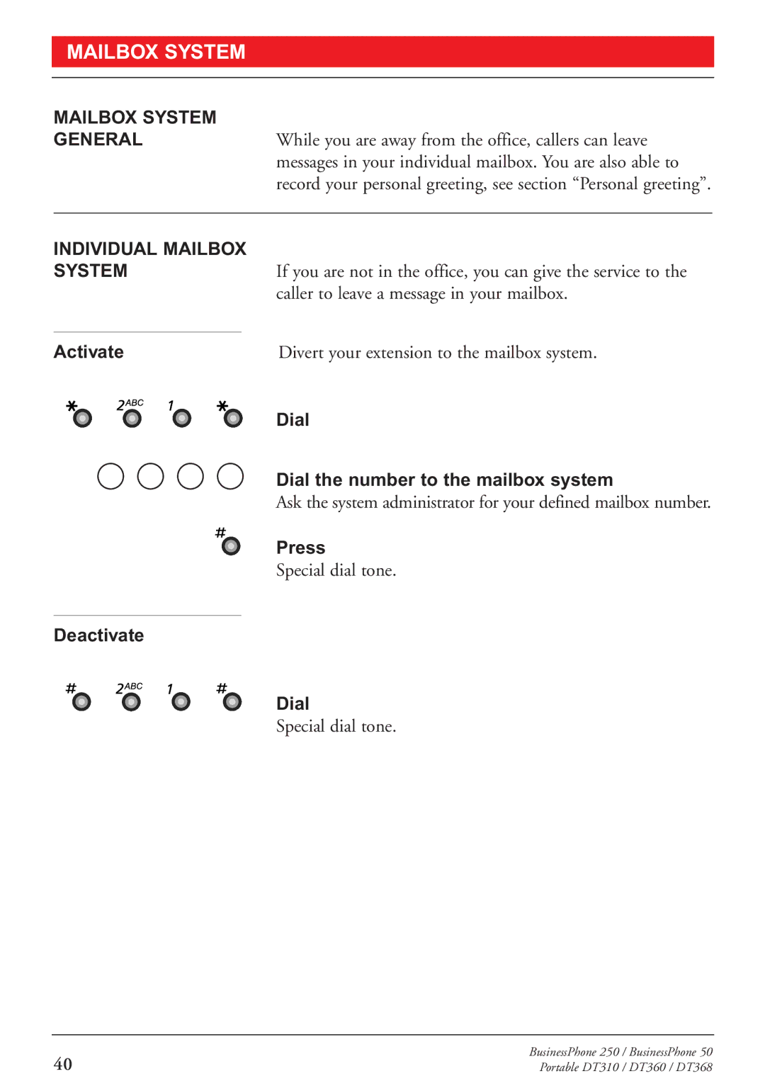 Sony DT310, DT360, DT368 manual Mailbox System, Individual Mailbox 