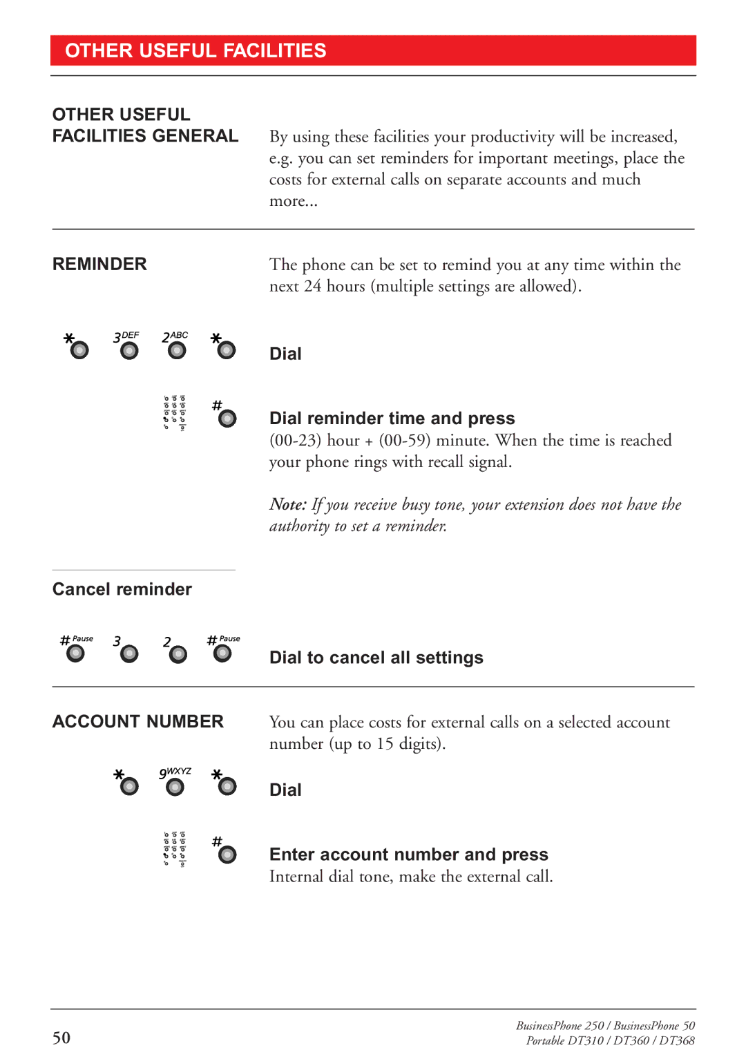 Sony DT360, DT310, DT368 manual Other Useful Facilities General, Reminder, Account Number 