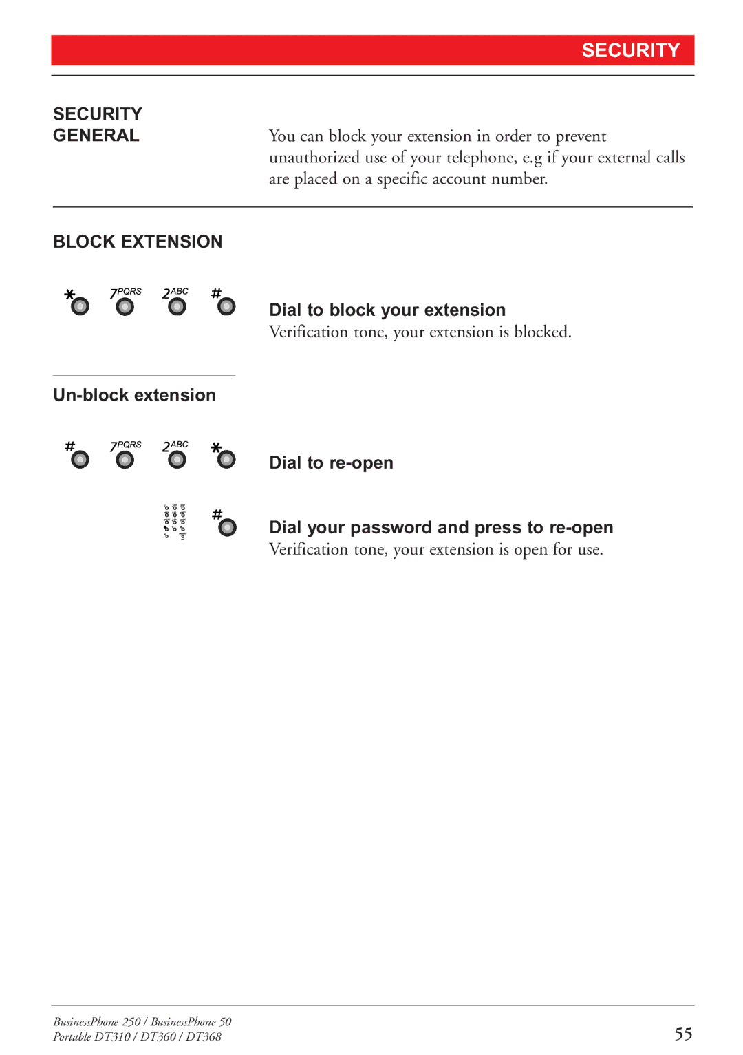 Sony DT310, DT360, DT368 manual Security, Block Extension, Dial to block your extension 