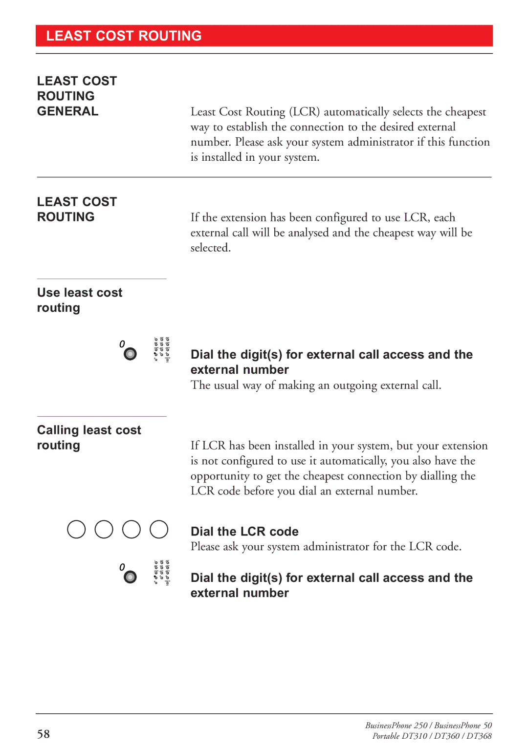 Sony DT310, DT360, DT368 manual Least Cost Routing, Calling least cost, Dial the LCR code 