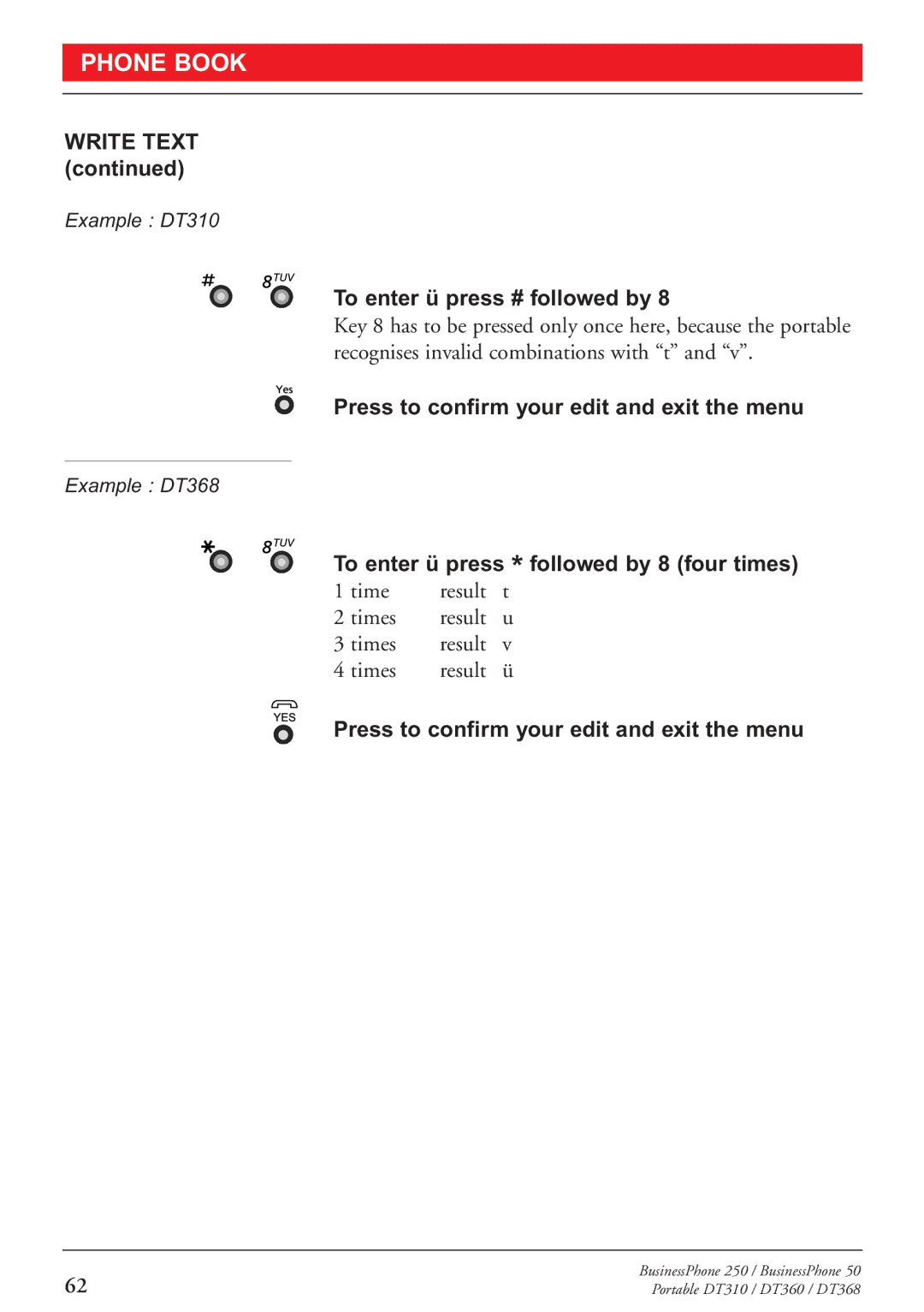 Sony DT360, DT310, DT368 manual Write Text, To enter ü press # followed by, To enter ü press * followed by 8 four times 