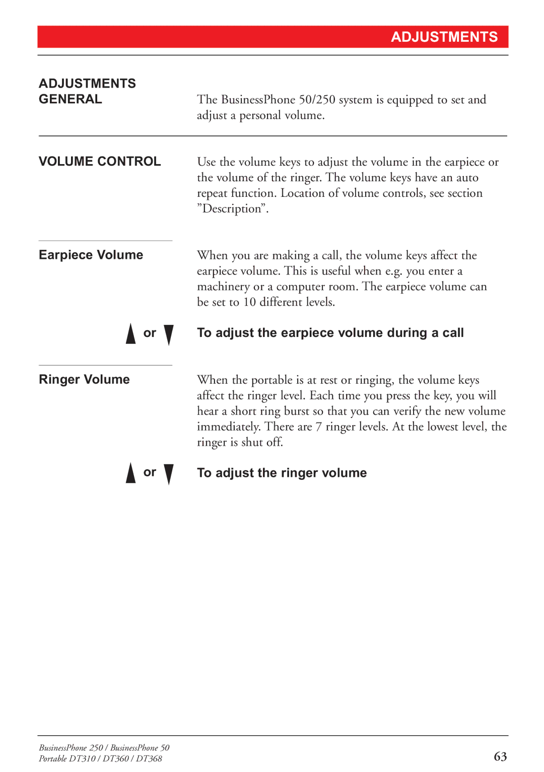 Sony DT368, DT310, DT360 manual Adjustments General, Volume Control 