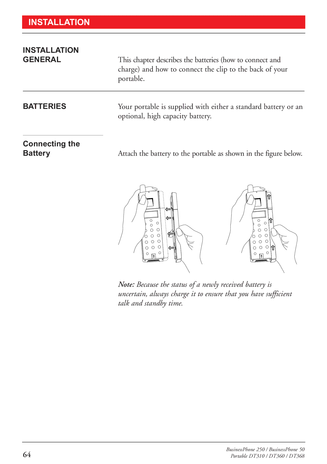 Sony DT310, DT360, DT368 manual Installation General, Batteries, Connecting Battery 