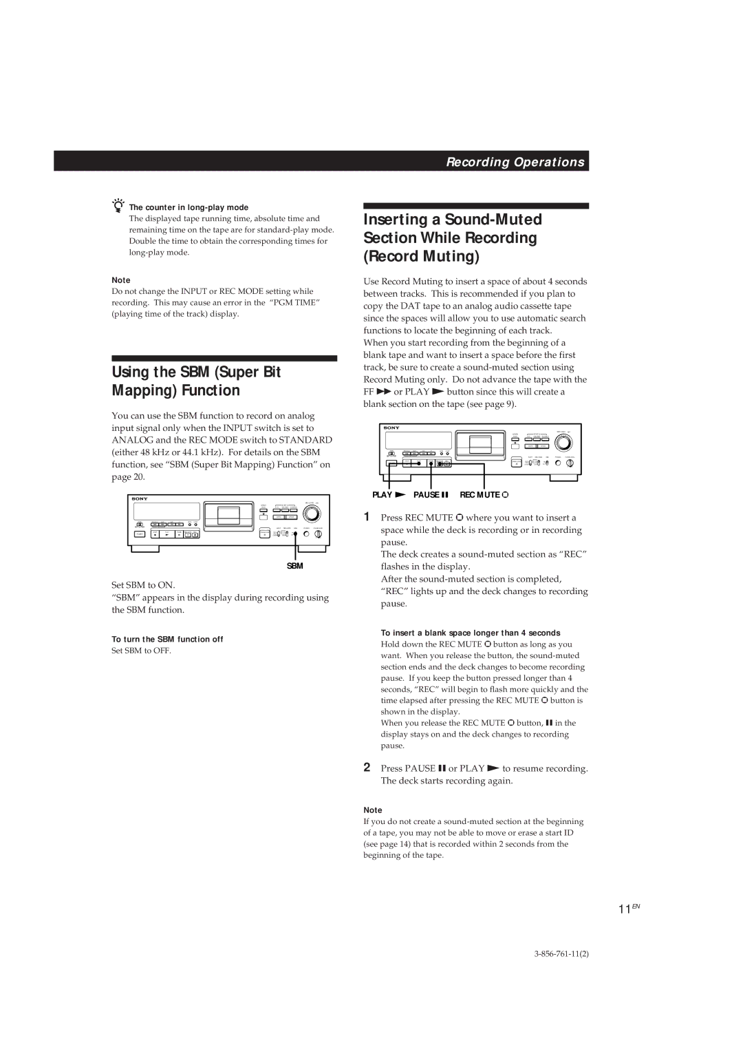 Sony DTC-A6 Using the SBM Super Bit Mapping Function, 11EN, Counter in long-play mode, To turn the SBM function off 