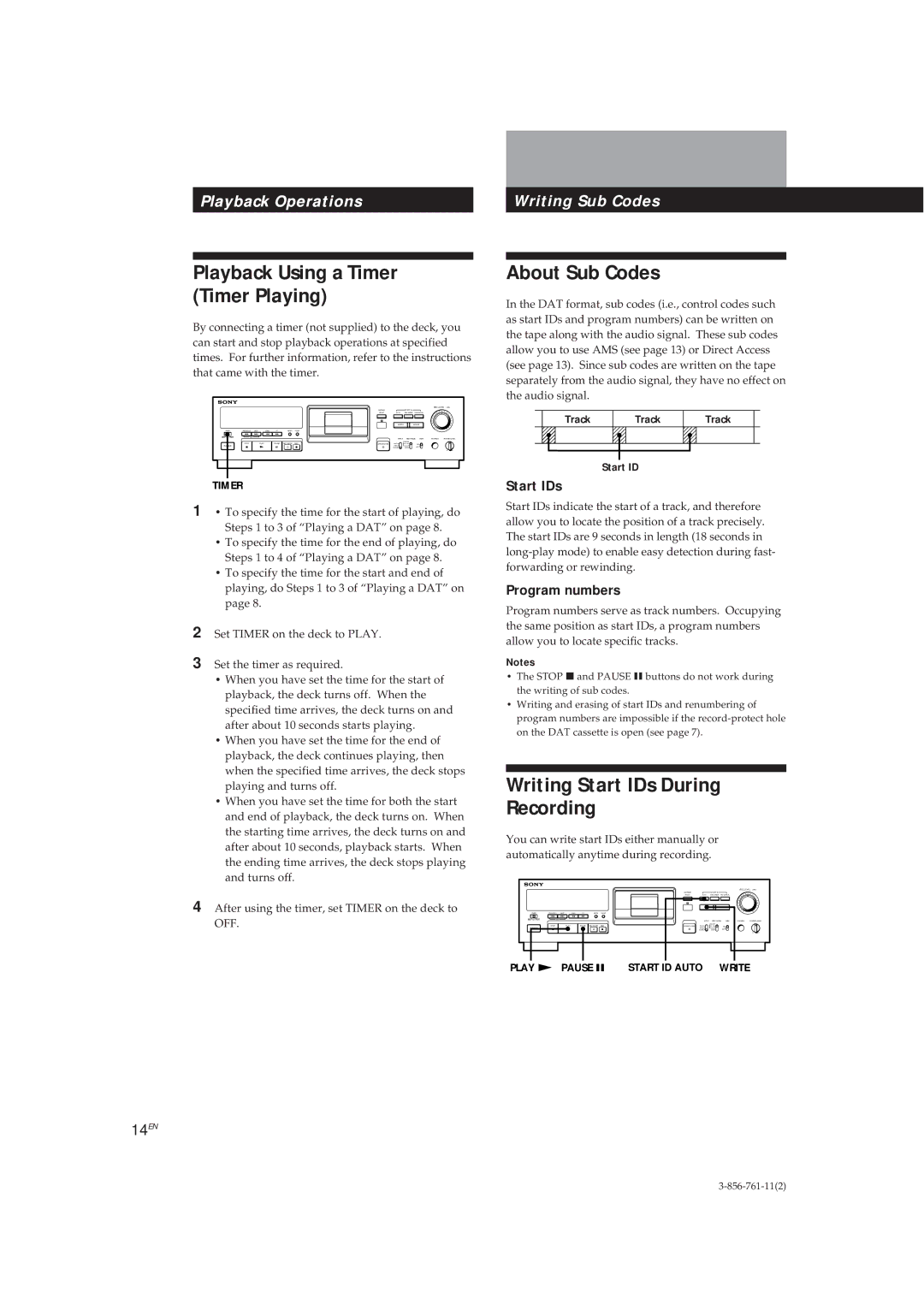 Sony DTC-A6 Playback Using a Timer Timer Playing, About Sub Codes, Writing Start IDs During Recording, Program numbers 