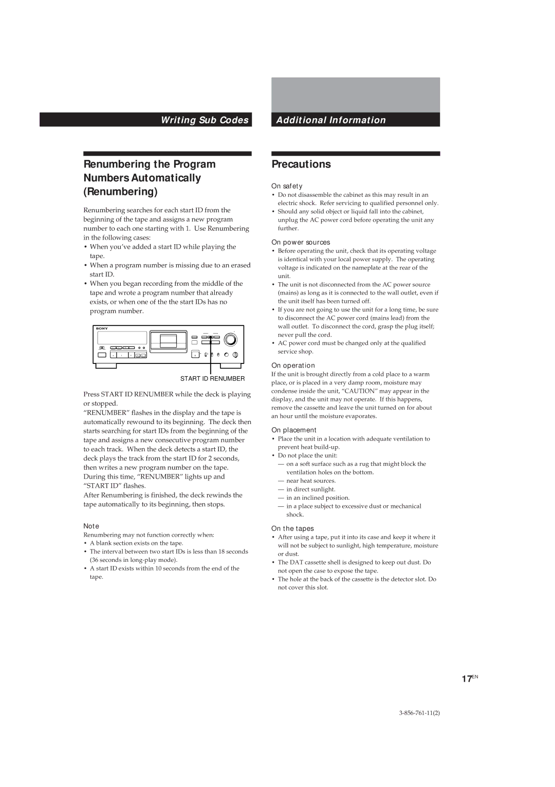 Sony DTC-A6 operating instructions Precautions, Renumbering the Program Numbers Automatically Renumbering, 17EN 