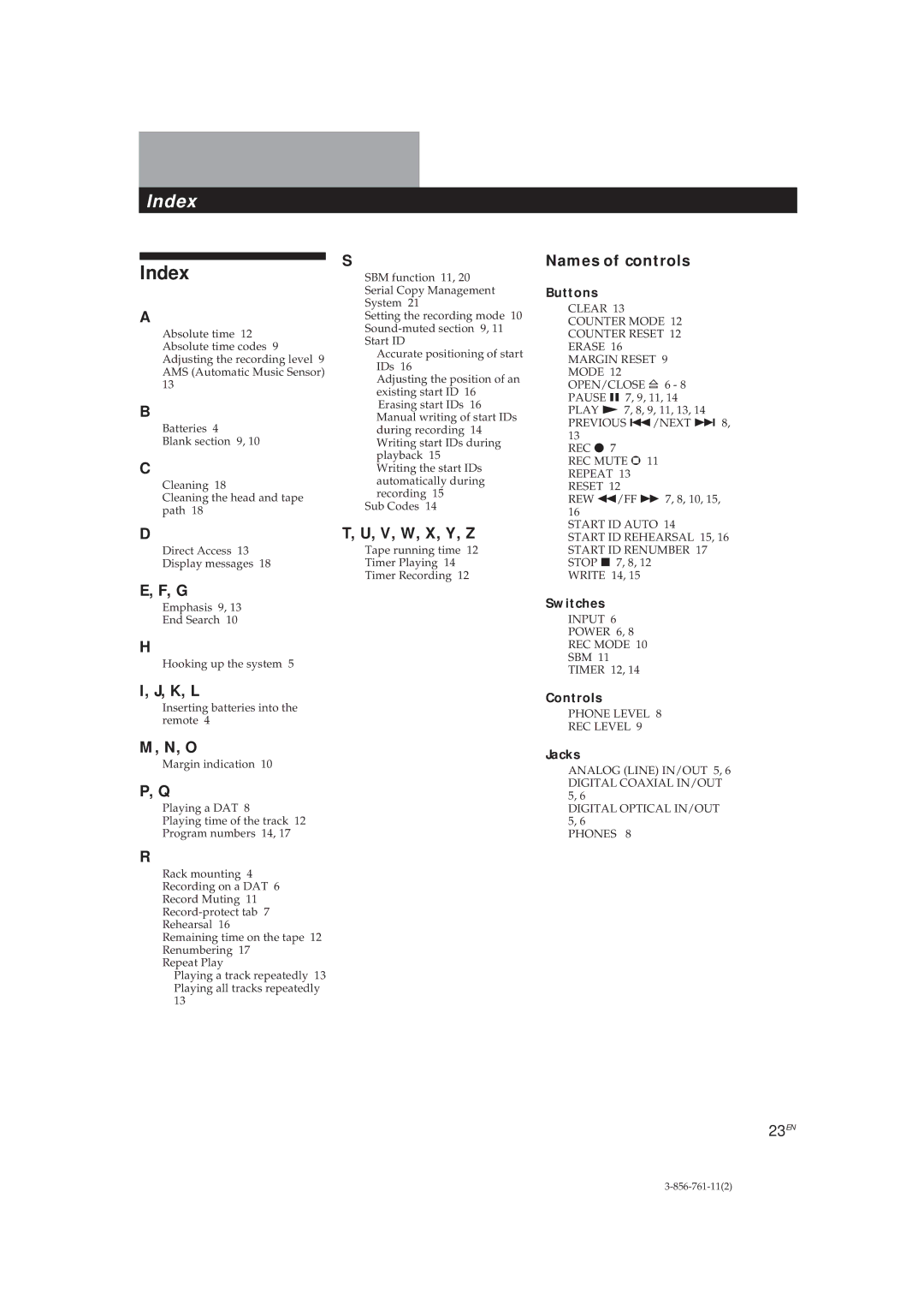 Sony DTC-A6 operating instructions Index, Names of controls, K, L, V, W, X, Y, Z, 23EN 