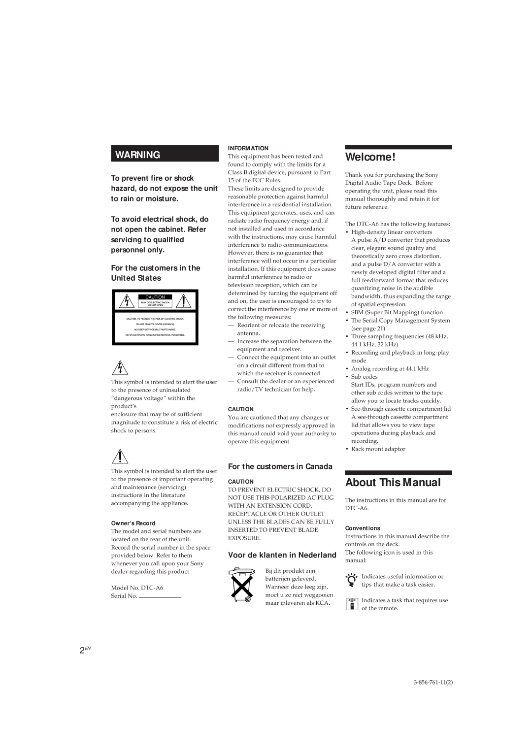 Sony DTC-A6 Welcome, About This Manual, For the customers in the United States, Owner’s Record, Conventions 