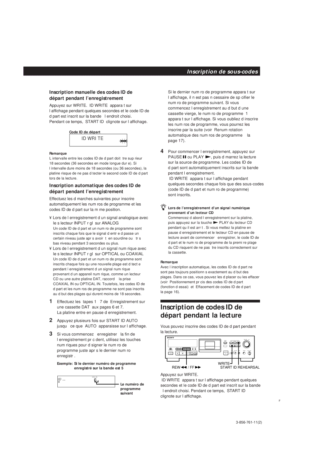 Sony DTC-A6 operating instructions Inscription de codes ID de départ pendant la lecture, 15F 