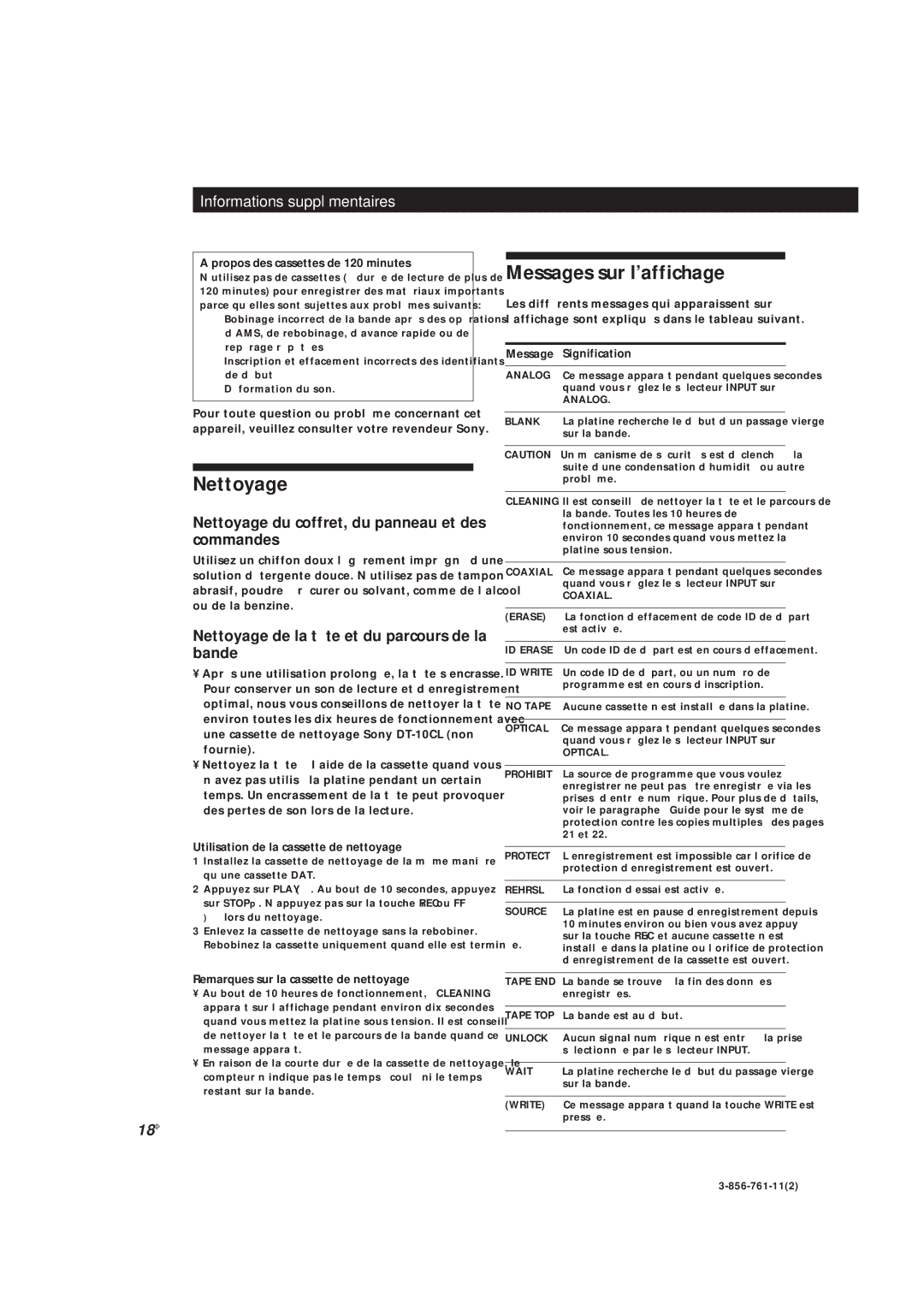 Sony DTC-A6 operating instructions Messages sur l’affichage, Nettoyage du coffret, du panneau et des commandes, 18F 