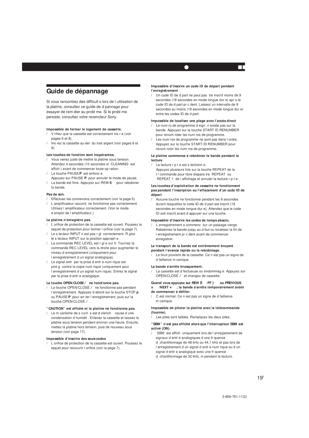 Sony DTC-A6 operating instructions Guide de dépannage, 19F 