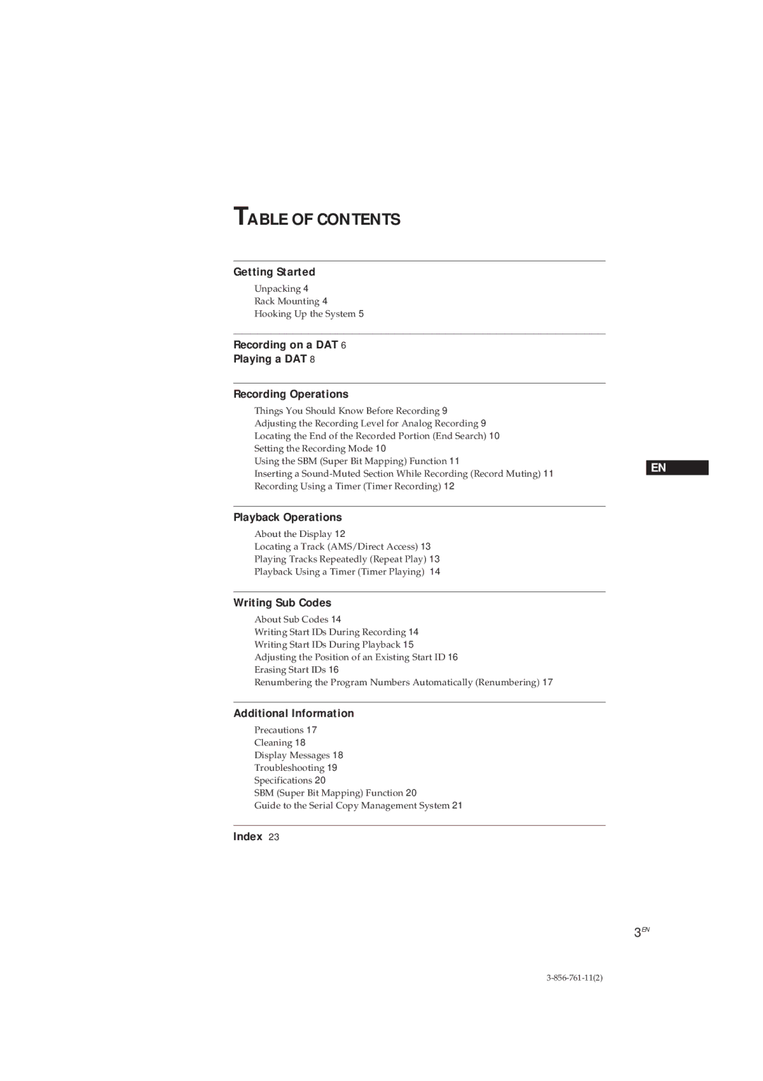 Sony DTC-A6 operating instructions Table of Contents 