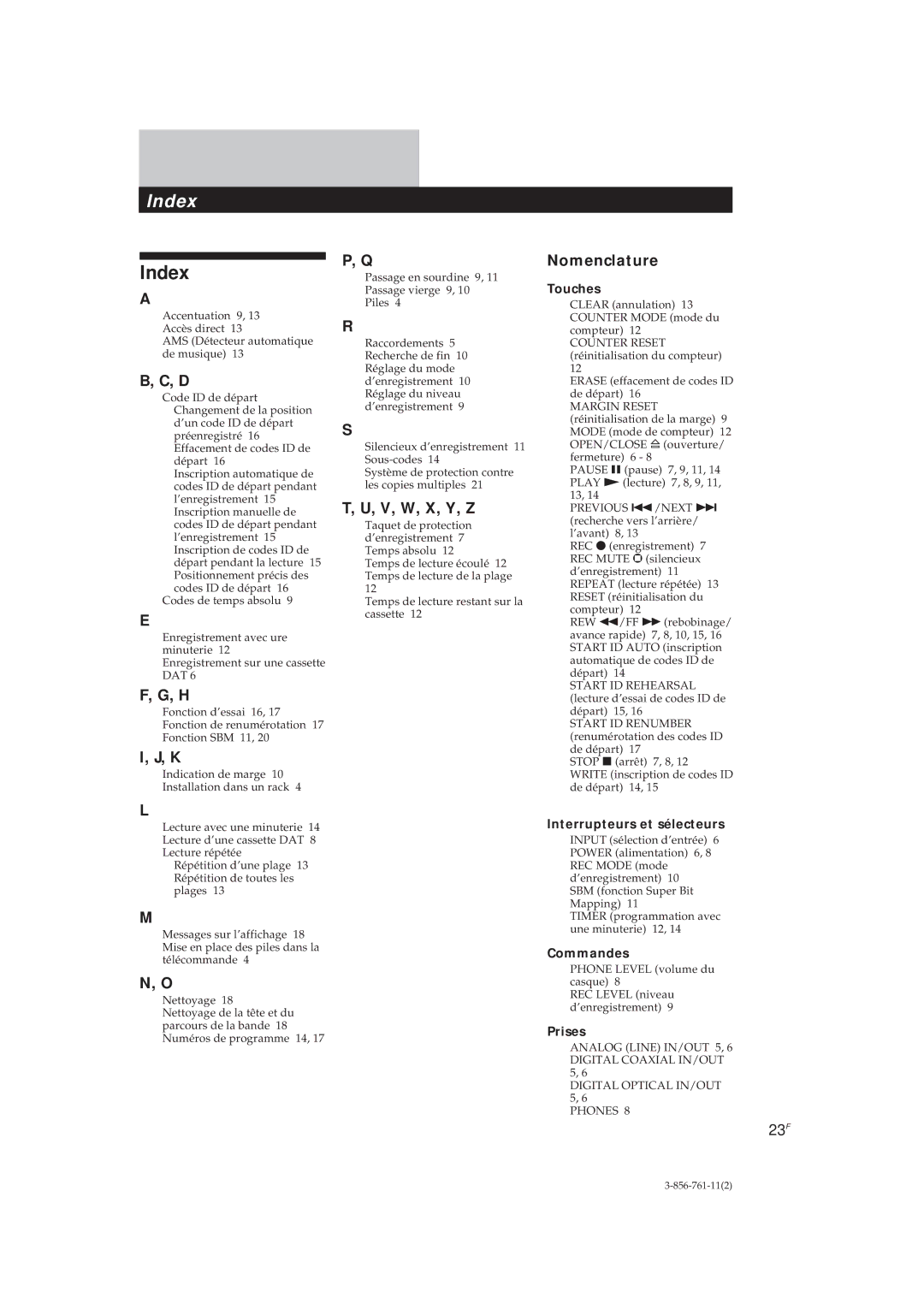 Sony DTC-A6 operating instructions Nomenclature, 23F 