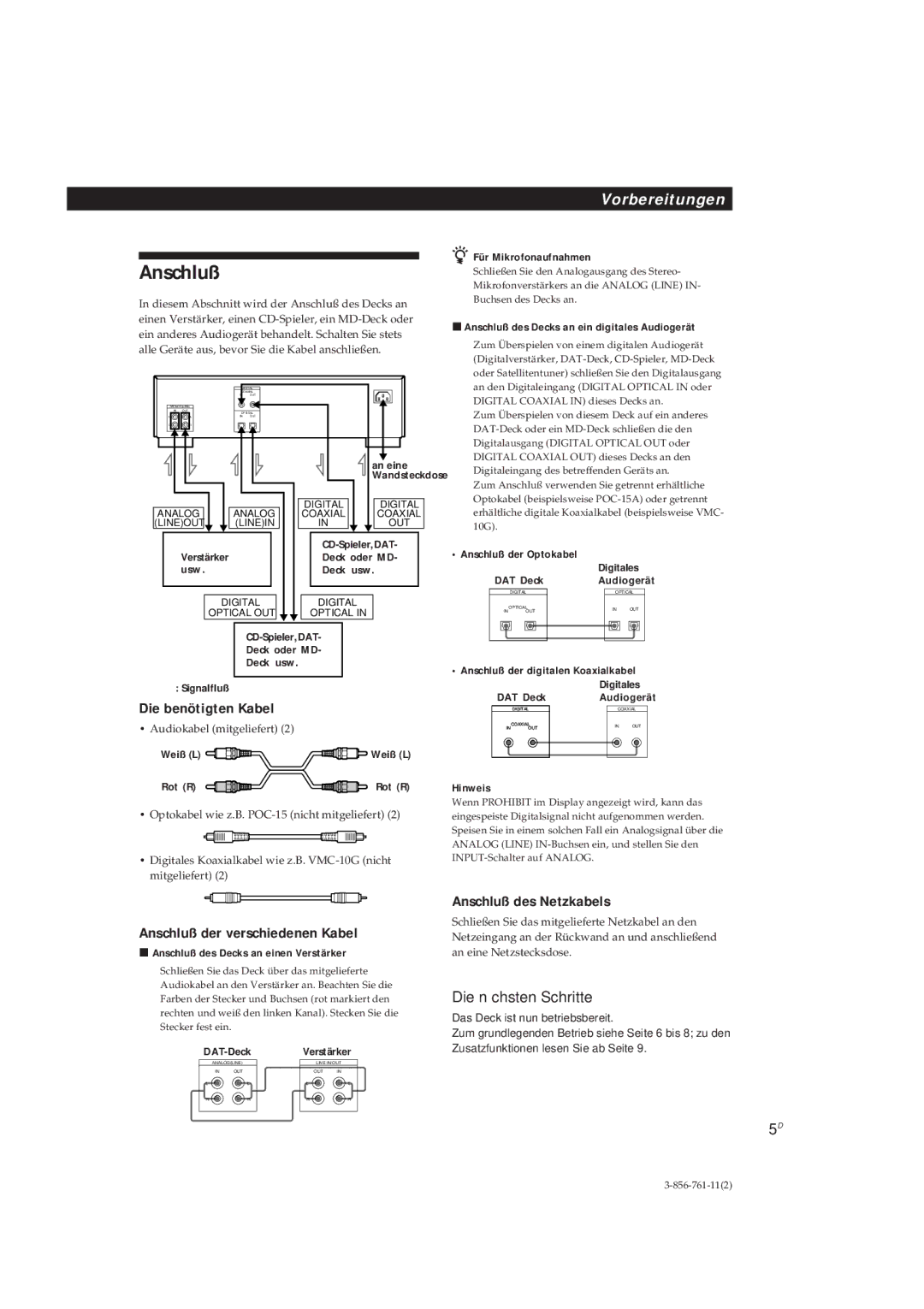 Sony DTC-A6 operating instructions Die benötigten Kabel, Anschluß der verschiedenen Kabel, Anschluß des Netzkabels 