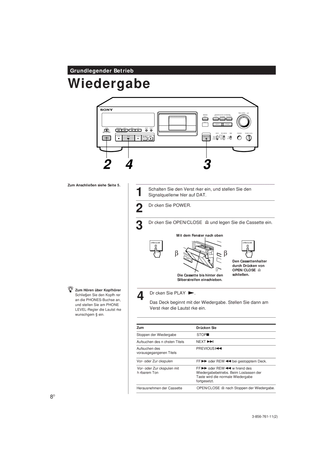 Sony DTC-A6 operating instructions Wiedergabe, Zum Hören über Kopfhörer 