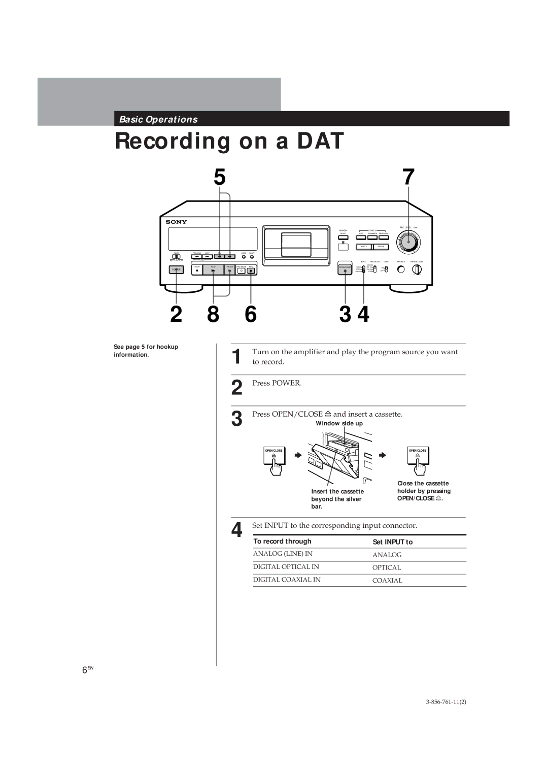 Sony DTC-A6 operating instructions See page 5 for hookup information, To record through Set Input to 