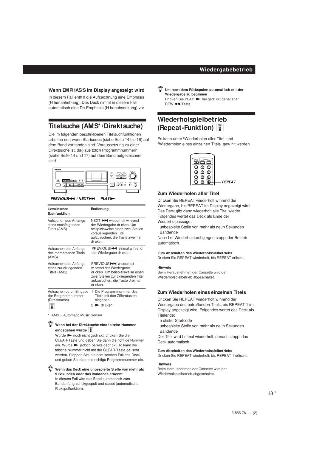 Sony DTC-A6 Titelsuche AMS*/Direktsuche, Wiederholspielbetrieb Repeat-Funktion Z, Zum Wiederholen aller Titel, 13D 