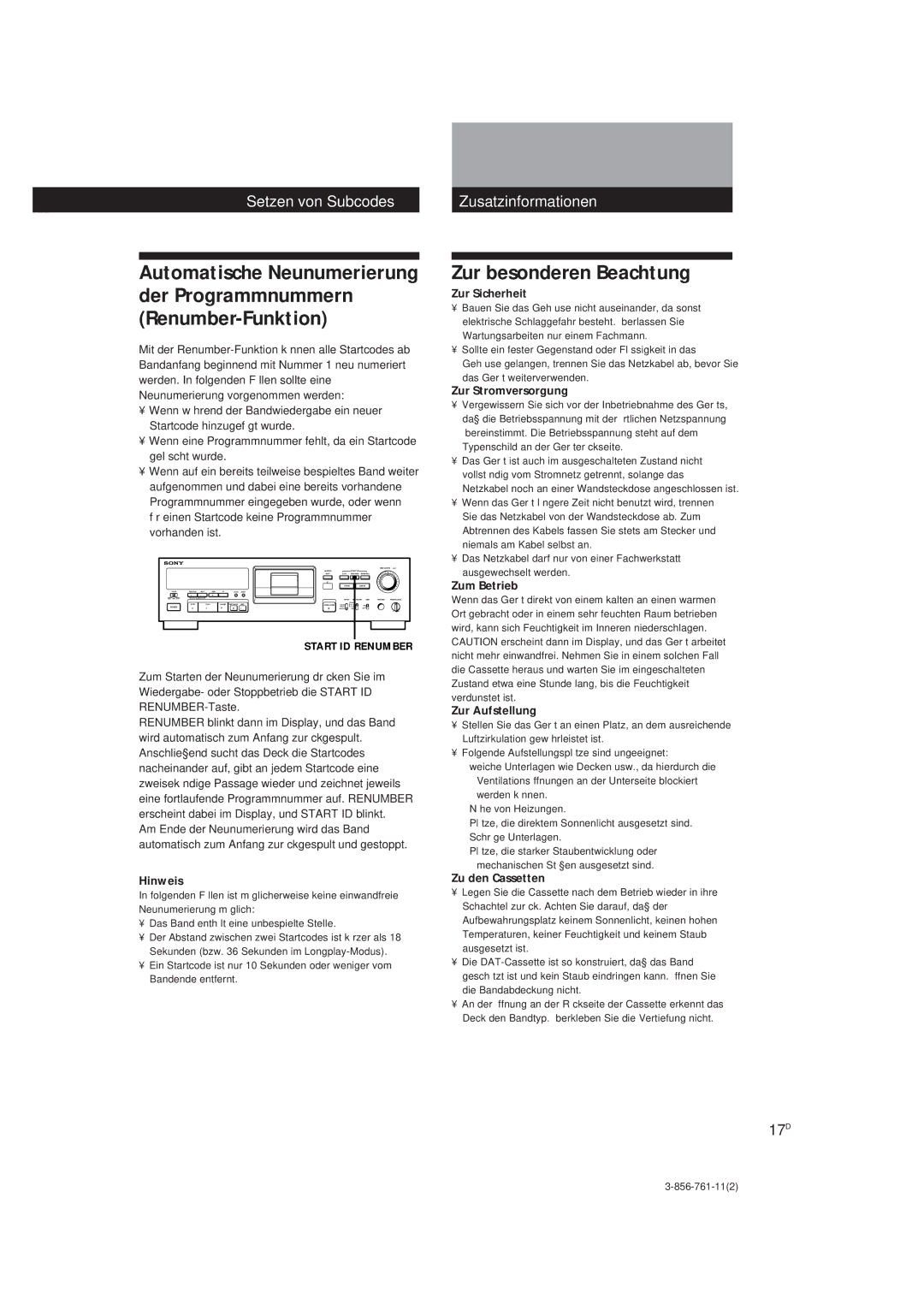 Sony DTC-A6 operating instructions Zur besonderen Beachtung, 17D 