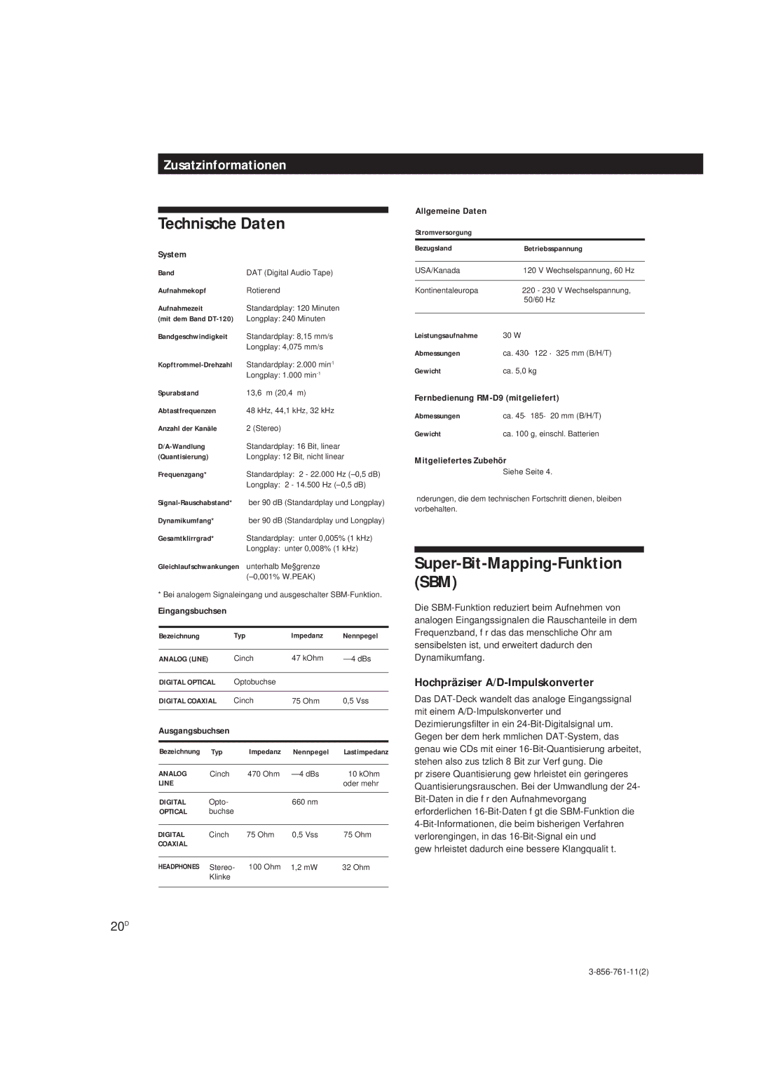 Sony DTC-A6 operating instructions Technische Daten, Super-Bit-Mapping-Funktion SBM, 20D, Hochpräziser A/D-Impulskonverter 