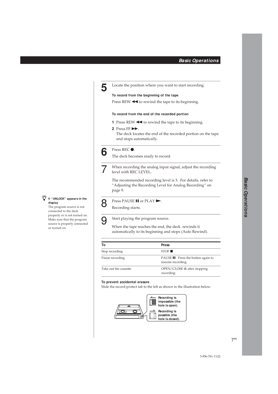 Sony DTC-A6 operating instructions Press, If Unlock appears in the display 